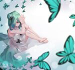  1girl absurdres bangs bare_arms bare_legs barefoot black_ribbon blue_hair bug butterfly choker commentary_request crying crying_with_eyes_open double_bun dress eredhen from_above full_body green_butterfly green_hair hair_ribbon highres hololive multicolored_hair red_eyes ribbon sitting solo steepled_fingers streaked_hair tears uruha_rushia virtual_youtuber white_background white_choker white_dress 