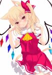  1girl :o animal_ear_fluff animal_ears ascot bangs blonde_hair blush bow breasts cat_ears cat_tail cowboy_shot crystal dutch_angle eyebrows_visible_through_hair flandre_scarlet frilled_shirt_collar frills hair_between_eyes hair_bow hands_up head_tilt highres kemonomimi_mode long_hair medium_breasts no_hat no_headwear one_side_up open_mouth paw_pose petticoat pink_eyes puffy_short_sleeves puffy_sleeves red_bow red_skirt red_vest short_sleeves simple_background skirt solo tail tosakaoil touhou vest white_background wings yellow_ascot 