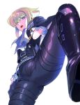  1boy 302 ascot black_gloves black_jacket bulge from_below gloves green_hair half_gloves highres jacket leather leather_pants lio_fotia male_focus pants promare purple_eyes shiny shiny_clothes solo spread_legs 