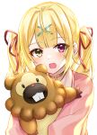  1girl :d absurdres akky_(akimi1127) bangs bidoof blonde_hair blush brown_eyes commentary_request eyebrows_visible_through_hair hair_ornament hair_ribbon hairclip heterochromia highres hoshikawa_sara jacket long_hair looking_at_viewer nijisanji open_clothes open_jacket pink_jacket pokemon pokemon_(creature) red_eyes red_ribbon ribbon shirt simple_background smile twintails upper_body virtual_youtuber white_background x_hair_ornament yellow_shirt 