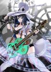  1girl absurdres blue_eyes blue_hair clogs coat guilty_gear guilty_gear_strive guitar hat highres hololive hololive_english i-no instrument ouro_kronii shorts solo thighs time_paradox trolllogicworks white_coat white_footwear white_headdress white_shorts witch witch_hat 