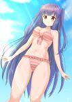  1girl absurdres bangs bikini blue_sky blunt_bangs breasts cameltoe character_request cleavage cloud commentary_request day feet_out_of_frame frilled_bikini frills highres ichima_(pixiv_29147205) kakuriyo_no_mon large_breasts light_rays outdoors pink_bikini purple_hair red_eyes shikihime_zoushi sky solo standing striped striped_bikini sunbeam sunlight swimsuit two_side_up 