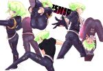  302 androgynous ass bent_over black_gloves black_jacket bulge cuffs gloves green_hair half_gloves handcuffs jacket jacket_removed lio_fotia male_focus pants promare purple_eyes shiny shiny_clothes short_hair tight tight_pants 