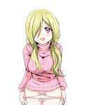  1girl absurdres artist_request blonde_hair blush breasts hair_over_one_eye highres jashin-chan_dropkick large_breasts long_hair looking_at_viewer non-web_source open_mouth panties panty_pull persephone_(jashin-chan_dropkick) pink_sweater pulled_by_self red_eyes shiny shiny_hair simple_background smile solo source_request sweater underwear white_background white_panties 