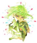  1boy 302 black_gloves earrings gloves green_hair green_theme half_gloves highres jewelry lio_fotia male_focus outstretched_hand promare purple_eyes solo 