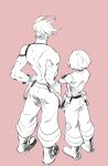  2boys 302 boots crossed_arms detached_sleeves firefighter from_behind galo_thymos hands_on_hips highres lio_fotia monochrome multiple_boys promare shirt single_detached_sleeve t-shirt topless_male 