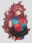  1girl android_21 blue_eyes breasts checkered_clothes checkered_dress closed_mouth dragon_ball dragon_ball_fighterz dress earrings glasses grey_background hair_between_eyes hoop_earrings jewelry kemachiku long_hair looking_at_viewer medium_breasts red_hair simple_background solo 