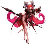  1girl ark_order armor asmodeus_(ark_order) black_cape black_dress black_footwear bodystocking cape choker curled_horns dress heart heart_choker high_heels holding horns leg_tattoo long_hair mole mole_under_mouth official_art pauldrons red_eyes red_hair shanyao_jiang_tororo short_twintails shoulder_armor single_pauldron solo standard_bearer tachi-e tattoo transparent_background twintails very_long_hair 