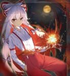  1girl 38_(sanjuuhachi) bow closed_mouth collared_shirt commentary cowboy_shot dress_shirt fire fujiwara_no_mokou hair_bow hand_in_pocket highres long_hair long_sleeves moon night orange_moon outdoors pants red_eyes red_pants shirt smile solo suspenders touhou white_hair white_shirt 