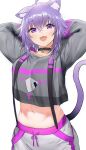  1girl :d absurdres animal_ears arms_behind_head black_choker black_jacket cat_ears cat_tail choker collarbone commentary_request eyebrows_visible_through_hair fang hair_between_eyes highres hololive jacket looking_at_viewer midriff navel nekomata_okayu purple_eyes purple_hair shino_(comic_penguin_club) short_hair simple_background smile solo tail virtual_youtuber white_background 