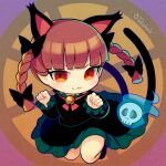  1girl :3 animal_ears bangs banned_artist bell black_bow black_dress blue_fire blunt_bangs blunt_tresses bow braid cat_ears cat_tail chibi closed_mouth diamond-shaped_pupils diamond_(shape) dress extra_ears eyebrows_behind_hair fire flaming_skull floating_skull full_body hair_bow hair_ribbon hands_up hitodama jingle_bell kaenbyou_rin light_blush long_hair looking_at_viewer multiple_tails neck_bell neck_ribbon nekomata paw_pose pointy_ears purple_background red_eyes red_hair red_ribbon ribbon simple_background solo symbol-shaped_pupils tail touhou tress_ribbon twin_braids twintails two_tails v-shaped_eyebrows yuge_mugito 