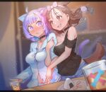  2girls :3 absurdres ahoge animal_collar animal_ear_fluff animal_ears animal_print arm_hug bangs bare_shoulders black_choker black_shirt black_tank_top blue_hair blue_shorts blush bone_print breast_press breasts brown_eyes brown_hair button_gap cartoon_bone cat_ears cat_girl cat_tail choker collar collarbone collared_shirt colored_inner_hair cucumbear073 denim denim_shorts diagonal_bangs dog_ears dog_girl dog_print dog_tail dress_shirt drink dutch_angle extra_ears eyebrows_visible_through_hair fang flying_sweatdrops food glass hairband highres hololive hololive_gamers inugami_korone large_breasts letterboxed long_hair long_sleeves looking_at_another loose_neck_ribbon medium_hair multicolored_hair multiple_girls narrowed_eyes navel neck_ribbon nekomata_okayu no_bra no_pants o-ring o-ring_choker onigiri open_mouth panties partially_unbuttoned pointing print_shirt purple_eyes purple_hair purple_ribbon ribbon shirt short_shorts shorts smile surprised tail tank_top two-tone_hair underwear virtual_youtuber white_panties white_shirt 