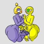  1:1 anthro big_butt blush blush_lines bodily_fluids butt dripping duo genital_fluids genitals half-erect hand_holding helm_(leap_day) leap_day_(nitrome) low_res male male/male murontis2001 navel nitrome penis precum precum_drip thick_thighs unknown_species wide_hips yolk_(leap_day) 