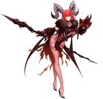  1girl ark_order armor asmodeus_(ark_order) black_cape black_dress black_footwear bodystocking cape choker curled_horns dress heart heart_choker high_heels holding horns leg_tattoo mole mole_under_mouth official_art pauldrons red_eyes red_hair shanyao_jiang_tororo short_hair shoulder_armor single_pauldron solo standard_bearer tachi-e tattoo transparent_background 