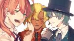  3boys :d :o alternate_costume black_headwear black_necktie blonde_hair closed_eyes colored_eyelashes cup david_(fate) facing_another fate/grand_order fate_(series) goetia_(fate) green_eyes green_hair grin hand_on_another&#039;s_cheek hand_on_another&#039;s_face hat highres holding holding_cup liwinky654 long_hair male_focus mismatched_eyelashes multiple_boys necktie orange_hair ponytail red_eyes red_shirt romani_archaman shirt simple_background smile sweat tan top_hat upper_body white_background white_shirt 