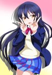  1girl absurdres bangs blazer blue_hair blue_jacket bow bowtie commentary_request cowboy_shot double_v highres jacket long_hair long_sleeves looking_at_viewer love_live! love_live!_school_idol_project open_clothes open_jacket open_mouth otonokizaka_school_uniform plaid plaid_skirt pleated_skirt red_bow red_bowtie school_uniform simple_background skirt smile solo sonoda_umi striped striped_bow striped_bowtie swept_bangs v winter_uniform yellow_eyes 