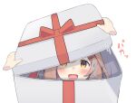  1girl blush box brown_hair disembodied_limb gift gift_box hair_ornament hairclip in_box in_container kyutai_x looking_at_viewer matikane_tannhauser_(umamusume) open_mouth opening simple_background smile solo umamusume white_background yellow_eyes 