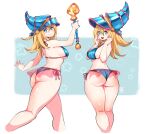  1girl alternate_costume ass bikini blonde_hair blue_eyes blue_headwear breasts curvy dark_magician_girl duel_monster hat highres kenron_toqueen large_breasts medium_hair solo staff swimsuit thick_thighs thighs wand wizard_hat yu-gi-oh! 
