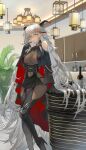  1girl absurdly_long_hair aegir_(azur_lane) asymmetrical_footwear azur_lane bare_shoulders black_cape black_footwear black_gloves bodystocking boots bottle breast_curtains breasts cape cross cross-laced_clothes demon_horns elbow_gloves gloves hair_between_eyes high_heels highres horns indoors iron_cross kitchen knee_boots lamp large_breasts long_hair looking_at_viewer multicolored_hair plant potted_plant red_hair single_knee_boot solo streaked_hair two-tone_hair underbust uneven_footwear very_long_hair white_hair wine_bottle yellow_eyes zel_(o_q) 