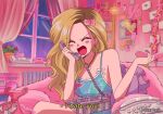  1990s_(style) 1girl bedroom blonde_hair brown_hair character_request check_character closed_eyes earrings hanavbara holding holding_phone indoors jewelry long_hair mole mole_under_eye multicolored_hair open_mouth phone pink_nails real_life retro_artstyle rotary_phone solo sunmi window 