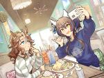  2girls animal_ears bangs blonde_hair blue_eyes blue_hair blue_sweater bright_pupils brown_hair ceiling_fan ceiling_light chair cup daitaku_helios_(umamusume) drinking_straw dutch_angle ear_covers elbows_on_table fang food fork grin hair_ornament hairclip highres holding holding_phone horse_ears horse_girl indoors jewelry knife long_sleeves mejiro_palmer_(umamusume) multicolored_hair multiple_girls napkin necklace open_mouth outstretched_arm people phone pillow plant ponytail poster_(object) potted_plant restaurant selfie shaka_sign shirt sitting smile striped striped_shirt sweater table two-tone_hair umamusume watch white_pupils wristwatch yoshidanoe 