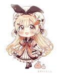  1girl :d animal animal_ears bangs black_sailor_collar blonde_hair blush boots bow brown_footwear brown_jacket bunny carrot_hair_ornament chibi commentary_request cross-laced_footwear dress eyebrows_visible_through_hair fake_animal_ears food-themed_hair_ornament full_body hair_between_eyes hair_ornament hairclip hat highres jacket lace-up_boots long_hair looking_at_viewer mob_cap original rabbit_ears red_bow red_eyes sailor_collar sailor_dress sakura_oriko short_sleeves simple_background smile solo standing translation_request two_side_up very_long_hair white_background white_dress white_headwear 