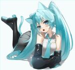  1girl animal_ears bare_shoulders black_legwear blue_eyes blue_hair blue_necktie boots breasts cat cat_ears cat_girl cat_tail collared_shirt detached_sleeves full_body hair_ornament hatsune_miku highres long_hair looking_at_viewer necktie open_mouth reirou_(chokoonnpu) shirt simple_background skirt sleeveless solo tail thigh_boots thighhighs twintails very_long_hair vocaloid white_background 