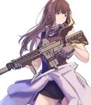  1girl 3_small_spiders absurdres assault_rifle bangs black_scarf black_shorts brown_eyes brown_hair brown_sweater_vest closed_mouth clothes_around_waist eyebrows_visible_through_hair feet_out_of_frame girls&#039;_frontline gloves grey_gloves gun headphones headset highres holding holding_gun holding_weapon jacket jacket_around_waist long_hair looking_away m4_carbine m4a1_(girls&#039;_frontline) multicolored_hair rifle scarf shorts solo standing sweater_vest walkie-talkie weapon white_background 