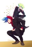  2boys 302 black_jacket blue_eyes blue_hair formal galo_thymos green_hair highres hood hoodie jacket lio_fotia male_focus multiple_boys necktie promare sidecut sitting_on_shoulder spiked_hair squatting suit 