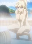  1girl bare_shoulders bath bathroom blonde_hair blue_eyes blush breasts bucket completely_nude covered_navel embarrassed freezing_(series) large_breasts long_hair messy_hair nipples non-web_source nude satellizer_el_bridget tears tied_hair wooden_bucket 