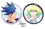  2boys 302 blue_eyes blue_hair earrings galo_thymos green_hair jewelry lio_fotia male_focus multiple_boys one_eye_closed portrait promare purple_eyes ring round_image sidecut spiked_hair wedding_band 