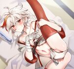  1boy absurdres ass bandaged_arm bandages blush bulge closed_mouth genshin_impact highres itsme_takk kaedehara_kazuha leg_up looking_at_viewer lying male_focus multicolored_hair navel on_back pillow red_eyes red_hair red_legwear solo streaked_hair thighhighs white_hair 