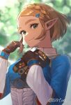  1girl blonde_hair blouse blue_blouse blurry blurry_background braid brown_gloves closed_mouth crown_braid fingerless_gloves gloves green_eyes hair_ornament hairclip holding looking_at_viewer otton outdoors pointy_ears princess_zelda sheikah_slate short_hair sidelocks smile the_legend_of_zelda the_legend_of_zelda:_breath_of_the_wild 