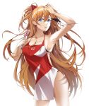  1girl absurdres alternate_costume apron armpits bikini bikini_under_clothes black_bikini blue_eyes breasts brown_hair cleavage eyepatch eyepatch_removed hair_between_eyes hand_in_hair highres long_hair looking_at_viewer medium_breasts minjiharu neon_genesis_evangelion parted_lips rebuild_of_evangelion souryuu_asuka_langley spatula swimsuit thighs white_background 