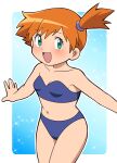  1girl armpits asymmetrical_hair bare_shoulders bikini blush breasts child cowboy_shot game_freak green_eyes highres legs legs_together misty_(pokemon) multicolored_background navel nintendo open_mouth orange_hair pokemon pokemon_(game) pokemon_rgby ponytail red_hair shirt short_hair shorts side_ponytail simple_background smile solo swimsuit tied_hair yume_yoroi 