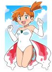  1girl armpits asymmetrical_hair bare_shoulders blush breasts child commentary_request cosplay cowboy_shot dress goldeen goldeen_(cosplay) green_eyes highres jumping legs legs_together misty_(pokemon) multicolored_background navel open_mouth orange_hair pokemon pokemon_(anime) pokemon_(classic_anime) ponytail red_hair shirt shoes short_hair side_ponytail simple_background solo tied_hair yume_yoroi 