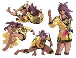  2boys arm_behind_back bangs barefoot black_shirt black_shorts closed_mouth commentary_request dark-skinned_male dark_skin floating_hair frown hand_up highres jacket knee_pads korean_commentary leon_(pokemon) long_hair male_focus martial_arts master_dojo_uniform multiple_boys pokemon pokemon_(game) pokemon_swsh ponytail redlhzz sash shirt shorts simple_background sleeves_past_elbows squatting toes white_background yellow_jacket zipper_pull_tab 