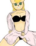  4:5 baggy_clothing big_breasts black_body black_clothing black_fur black_lingerie blonde_hair breasts canid canine clothing eyes female fennec fox fur green hair hi_res humanoid lingerie mammal panties profdatdrawin1556 smile smirk solo thighs underwear yellow_body yellow_fur 