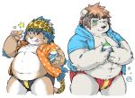  2022 anthro belly black_nose blush bulge clothed clothing duo felid green_eyes hi_res hoodie humanoid_hands kemono lion male mammal navel one_eye_closed open_clothing open_hoodie open_shirt open_topwear overweight overweight_male pantherine roostax_wilddog shirt swimwear tongue tongue_out topwear ursid wink 