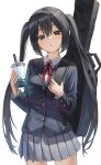  1girl absurdres bangs black_hair black_jacket bubble_tea collared_shirt cowboy_shot cup drinking_straw hair_between_eyes highres holding holding_cup holding_strap instrument_case jacket k-on! long_hair looking_at_viewer nakano_azusa neck_ribbon parted_lips pleated_skirt ribbon school_uniform shirt simple_background skirt solo standing superpig twintails very_long_hair white_background 
