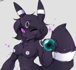  anthro breasts eeveelution enderman female female/female fluffy fluffy_tail hair holding_object hybrid looking_at_viewer medium_breasts microsoft minecraft mojang nintendo particles pok&eacute;mon pok&eacute;mon_(species) purple_eyes simple_background solo stripes typh umbreon video_games xbox_game_studios 