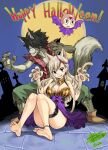  1boy 1girl animal_ears barefoot black_hair blonde_hair blue_eyes blush breasts cat_ears cat_girl cat_tail character_request cleavage dated eden&#039;s_zero eyebrows_visible_through_hair halloween halloween_costume highres large_breasts lips long_hair looking_at_viewer mashima_hiro parted_lips rebecca_bluegarden shiki_granbell short_hair signature smile spiked_hair tail teeth werewolf wolf_boy wolf_ears wolf_tail 