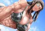  1girl abs bangs bikini black_hair breasts brown_eyes camouflage camouflage_bikini cloud cloudy_sky collarbone daraz18aka eyepatch hime_cut jormungand large_breasts long_hair looking_at_viewer muscular muscular_female o-ring sky sofia_valmer solo swimsuit 