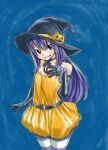  1girl blue_background blue_hair brown_hair fairy_tail halloween_costume hat long_hair looking_at_viewer mashima_hiro pumpkin smile solo striped striped_legwear wendy_marvell witch_hat 