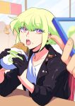  1boy 302 androgynous black_gloves blurry burger cellphone choker colored_eyelashes depth_of_field eating food food_on_face galo_thymos gloves green_hair half_gloves highres jacket leather leather_jacket lio_fotia male_focus phone promare purple_eyes sleeping smartphone yaoi 