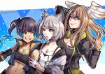  3girls abs animal_ears bangs black_bodysuit black_choker black_jacket blue_eyes blush bodysuit breast_tattoo breasts camisole cat_ears chest_jewel choker cleavage collarbone eunie_(xenoblade) eyebrows_visible_through_hair fiery_hair glowing_lines gzei head_wings jacket large_breasts long_hair looking_at_viewer mio_(xenoblade) multicolored_hair multiple_girls navel one_eye_closed open_clothes open_jacket sena_(xenoblade) short_hair simple_background skirt small_breasts smile sports_bra tank_top tattoo v white_hair white_jacket white_skirt white_tank_top white_wings wings xenoblade_chronicles_(series) xenoblade_chronicles_3 yellow_eyes 