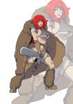  1girl armor bikini_armor boots brown_gloves cape full_body fur fur_cape gloves highres holding holding_weapon kapitan_gege lipstick long_hair makeup navel open_mouth parted_lips red_eyes red_hair red_lips red_sonja red_sonja_(comics) sheath shoulder_armor shoulder_plates simple_background stomach strap sword teeth weapon white_background 
