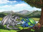  2022 ambiguous_gender black_hair claws day detailed_background dragon duo feral fur furred_dragon green_hair hair natoli outside sky traditional_media_(artwork) 