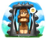 anthro background_sky big_breasts breasts brown_clothing brown_dress brown_eyes brown_hair cage clothing cloud cloudscape dress duo emoji female grass hair hi_res humanoid minus8 plant sky solo video_games 