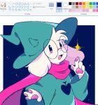  anthro blush bovid caprine clothing cute_fangs deltarune dress eyewear fafameow floppy_ears fur glasses goat hat headgear headwear hi_res male mammal ms_paint open_mouth pawpads pink_eyes pink_scarf ralsei scarf smile solo star undertale_(series) video_games white_body white_fur 